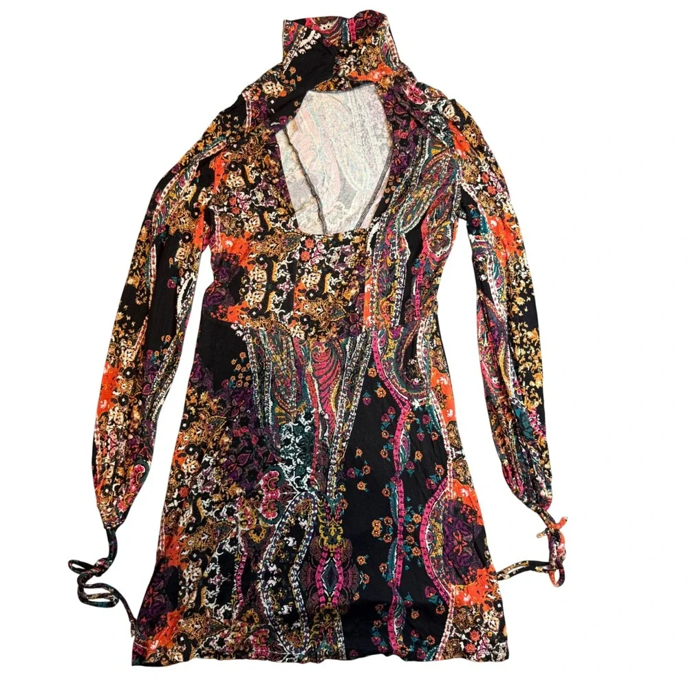 Free people Boho Paisley High Neck Open Back Dress‎ Long Sleeve Multi Color Sm
